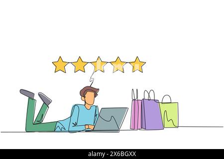 Continu une ligne dessinant jeune homme souriant sur le ventre tout en tapant sur l'ordinateur portable. À côté de l'ordinateur portable se trouve un sac à provisions. Donnez le meilleur avis avec des plaids Illustration de Vecteur