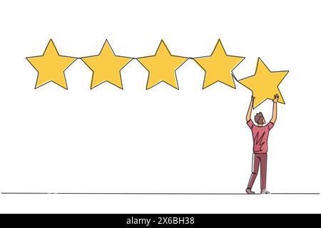 Continu une ligne dessinant jeune homme se tenait debout tenant une étoile avec les deux mains et la collant jusqu'à faire 5 étoiles dans une rangée. Donnez le meilleur avis. En ligne Illustration de Vecteur
