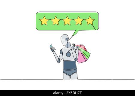 Robot de dessin continu à une ligne tenant plusieurs sacs à provisions. L'autre main tapant sur le smartphone donne un avis 5 étoiles. Achats en ligne. AI te Illustration de Vecteur