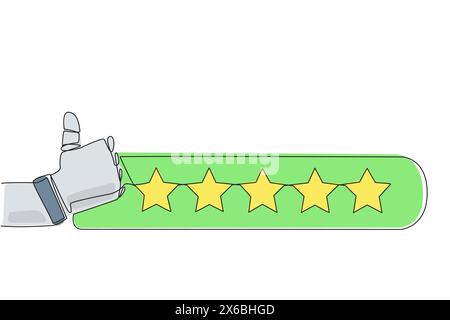 Une seule ligne continue dessinant le robot pouces vers le haut à côté de 5 étoiles. Nombre d'étoiles. Meilleur avis. Concept de feedback. Expérience de l'acheteur. Note des avis des clients. Illustration de Vecteur