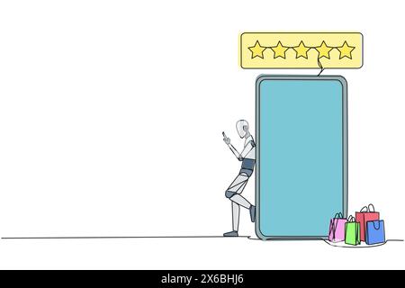 Une seule ligne continue dessin intelligence artificielle robotique s'appuyant sur un grand smartphone tout en tapant sur le smartphone. Concept de boutique en ligne. Revoir fi Illustration de Vecteur