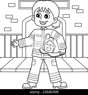 Page de coloriage de pompier féminin pour les enfants Illustration de Vecteur