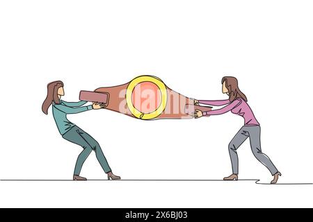 Simple une ligne dessinant deux femmes d'affaires émotionnelles se battant sur la ceinture de boxe. Battez-vous pour être la plus grande et la plus forte femme d'affaires. Batte de femme d'affaires Illustration de Vecteur