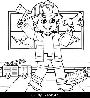 Pompier Boy Coloriage page pour enfants Illustration de Vecteur