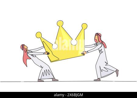 Simple une ligne dessinant deux hommes d'affaires arabes en colère se battant pour la couronne. Se battre pour devenir l'homme d'affaires le plus réussi et respecté. CONF Illustration de Vecteur