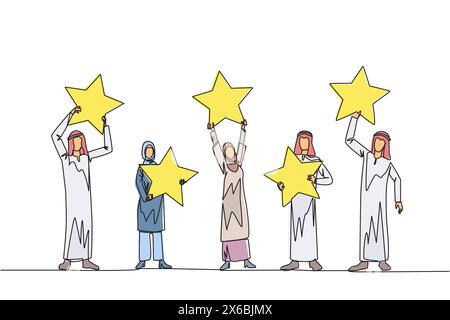 Un groupe de dessin de ligne continue unique composé de trois hommes arabes et deux femmes arabes a élevé leurs étoiles respectives. Donnez des commentaires positifs et la meilleure révision Illustration de Vecteur