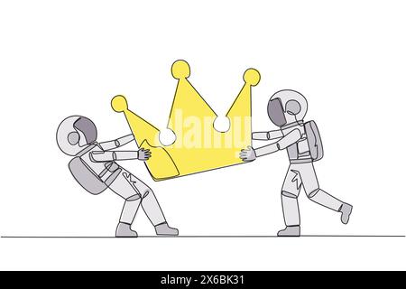 Une ligne continue dessinant deux astronautes émotionnels combattant sur la couronne. Se battre pour devenir l'astronaute le plus réussi et le plus respecté. Conflit Illustration de Vecteur