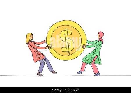 Une seule ligne continue dessinant deux femmes d'affaires arabes en colère se battant sur la pièce de monnaie de signe dollar. La dernière pièce utilisée pour acheter des boissons fraîches au distributeur machi Illustration de Vecteur