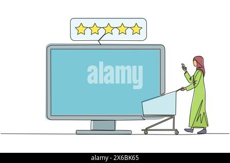 Simple ligne continue dessinant Happy Arabian Woman Walking Carry trolley tout en tapant sur un smartphone vers un grand écran de moniteur. Achats en ligne. Illustration de Vecteur
