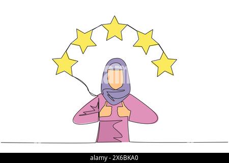 Simple une ligne dessinant femme arabe donnant deux pouces vers le haut, au-dessus de la tête il y a 5 étoiles formant un demi-cercle. Expérience d'achat en ligne passionnante. Rév Illustration de Vecteur