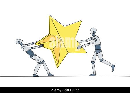 Une seule ligne continue dessinant deux robots en colère se battant au-dessus de l'étoile. Le concept de se battre pour des employés brillants pour le progrès de l'entreprise Illustration de Vecteur