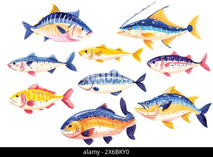 Ensemble de poissons de mer aquarelle. Illustration vectorielle de différents types de poissons d'eau salée, tels que le saumon rose, le gobelet, la dorée dorée, le rocher, le maquereau Illustration de Vecteur