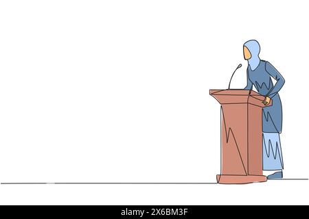 Continu d'une ligne dessinant le discours d'une femme d'affaires arabe debout sur le podium. Donnez l'oration que les femmes peuvent être plus indépendantes. Encourager par le biais du bon de travail Illustration de Vecteur