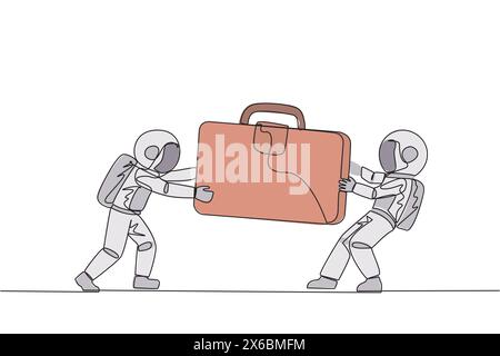 Une ligne continue dessinant deux astronautes agressifs combattant au-dessus de la mallette. Se battre pour les données client contenues dans le sac. Attaque astronaute. C Illustration de Vecteur