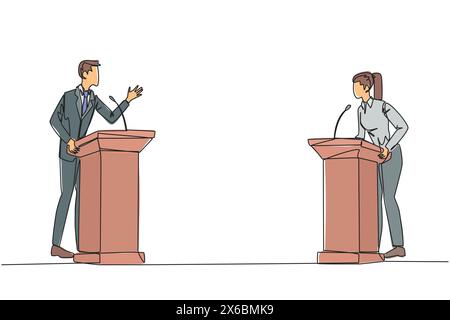 Continue d'une ligne dessinant homme d'affaires et femme d'affaires argumentant sur le podium. Se lancer des arguments les uns contre les autres, ne pas vouloir céder. Ressentez le plus R Illustration de Vecteur