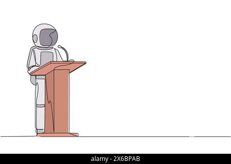 Simple dessin d'une ligne astronaute inspirant donner un discours sur le podium. Transmettre des conseils pour réussir dans les affaires en continuant à préserver natur Illustration de Vecteur