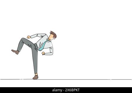Simple une ligne dessinant homme d'affaires faisant des mouvements de taekwondo. Faites un mouvement de coup de pied. Ayez des jambes fortes. Garder les affaires avec le sport. Restez en bonne santé s Illustration de Vecteur