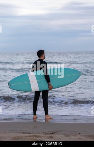 Surfeur avec planche de surf et combinaison entrant sur la plage Banque D'Images