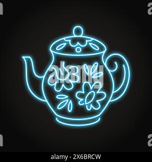 Icône de ligne néon de théière décorée. Pot en porcelaine dans le style traditionnel russe Gzhel. Illustration vectorielle. Illustration de Vecteur