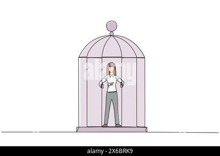 Une seule ligne continue dessinant une femme d'affaires malheureuse piégée dans la cage debout tient les barres de fer. Corps et esprit emprisonnés. Opportunité limitée. Feeli Illustration de Vecteur