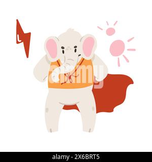 Éléphant mignon dans la cape de super-héros rouge debout dans l'illustration vectorielle de pose forte courageuse Illustration de Vecteur