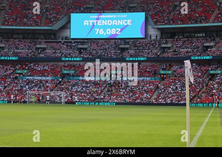 LONDRES, ANGLETERRE - le tableau de bord montre la présence lors du match de football de la finale de la FA Cup féminine Adobe entre Manchester United Women et Tottenham Hotspu Banque D'Images