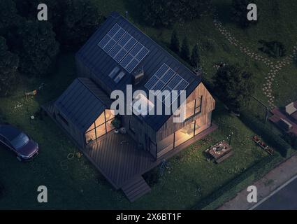Villa maison moderne avec panneaux solaires - version nuit, pas gen ai Banque D'Images