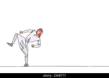 Simple une ligne dessinant homme d'affaires arabe faisant des mouvements de taekwondo. Mouvement de coup de pied. Jambes fortes. Garder les affaires avec le sport. Gardez la santé Stay str Illustration de Vecteur
