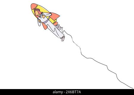 Simple une ligne dessinant homme d'affaires arabe volant avec une fusée. Désir de prendre l'entreprise dans le ciel. Entrepreneur prospère. Le grand business Illustration de Vecteur