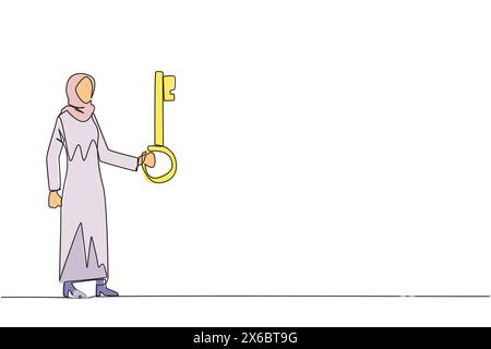 Simple une ligne dessinant femme d'affaires arabe détenant la clé. La clé importante pour augmenter les profits a été assurée. Prêt à devenir héritage important Illustration de Vecteur