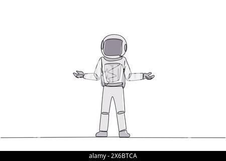 Une ligne continue dessinant un jeune astronaute debout droit avec les bras ouverts. Solitaire et tristesse astronaute déplorant des affaires sous-développées. Homme malheureux Illustration de Vecteur