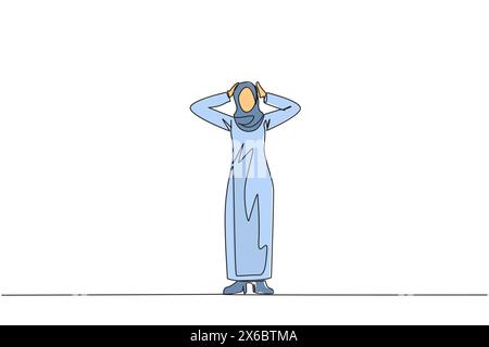 Continue d'une ligne dessinant femme d'affaires arabe debout droite tenant la tête avec les deux mains. Gestes excités ou surpris. Expressio faciale inhabituelle Illustration de Vecteur