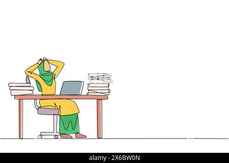 Simple une ligne dessinant femme d'affaires arabe assise sur une chaise de bureau. Stressant de voir le cours des actions sur un écran d'ordinateur portable qui n'augmente pas. Bus stressant Illustration de Vecteur