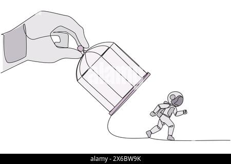 Continue d'une ligne dessinant une grande main tenant la cage de fer, attraper astronaute. Vous voulez piéger de quelque manière que ce soit. Entrez dans la trappe. Concurrence déloyale des entreprises. Los Illustration de Vecteur