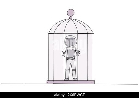 Une ligne continue dessinant un astronaute malheureux piégé dans la cage debout tient les barres de fer. Corps et esprit emprisonnés. Opportunité limitée. Se sentir exha Illustration de Vecteur