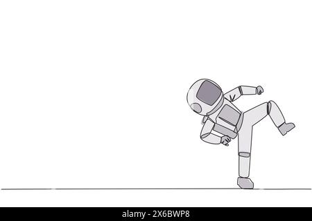 Une ligne continue dessinant un jeune astronaute faisant des mouvements de taekwondo. Mouvement de coup de pied. Jambes fortes. Garder les affaires avec le sport. Gardez la santé Stay str Illustration de Vecteur