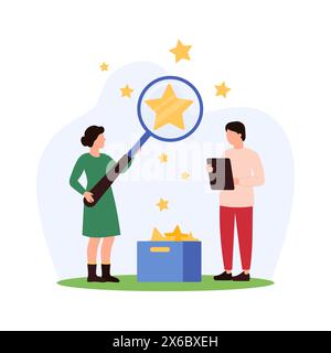 Avis des clients, comparaison des opinions des utilisateurs, satisfaction et expériences sur le produit. Des gens minuscules regardant à travers une loupe les étoiles dorées Illustration de Vecteur
