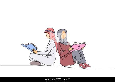 Une seule ligne continue dessinant une femme homme arabe assise tout en lisant le livre. Lire les livres pour apprendre. L'apprenant rapide. Concept de festival de livres. HAP Illustration de Vecteur