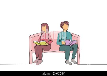 Ligne continue unique dessinant homme femme assise et lisant sur la chaise dans le parc universitaire. Préparez-vous aux examens finaux avec une lecture sérieuse. Livre festi Illustration de Vecteur