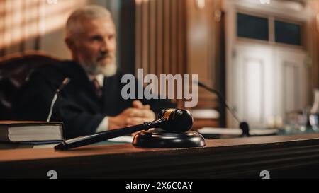 Cour de droit cinématographique et procès de justice : honorable juge masculin discutant de l'affaire plaidée, la décision coupable ou le verdict innocent après avoir entendu les arguments. Prise de vue floue avec mise au point sur Gavel Banque D'Images