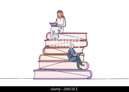 Ligne continue unique dessinant homme arabe femme assise sur pile de livres livre de lecture. Intérêt élevé pour la lecture. Ouvrir des horizons de pensée. Fête du livre Illustration de Vecteur