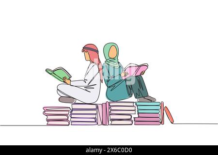 Simple une ligne dessin homme arabe femme assise se détendre lisant livre sur pile de livres. Détendez-vous tout en lisant un livre de fiction. Profitez de l'histoire. Livre festiv Illustration de Vecteur