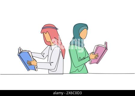 Continu une ligne dessinant homme arabe femme très concentré sur la lecture livre. Lire un livre d'histoire de fiction pendant les vacances. Concept de festival de livres. Très bien Illustration de Vecteur