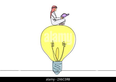 Simple une ligne dessinant homme arabe assis sur une grande ampoule. Lisez avec attention et sérieux. Métaphore à la recherche d'une idée brillante dans un livre scientifique. B Illustration de Vecteur