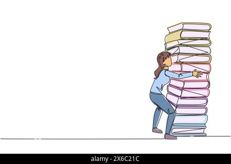 Continue d'une ligne dessinant femme embrassant très haut tas de livres. Passe-temps pour collectionner et lire des livres. Remplir le temps libre avec des choses utiles. Aimant Illustration de Vecteur