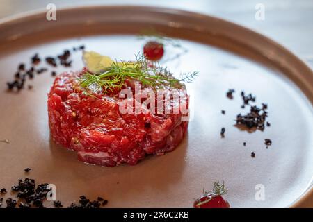 Tartare de bœuf gastronomique élégamment présenté sur une assiette, garni d'herbes fraîches, mettant en valeur la gastronomie et l'art culinaire. Banque D'Images