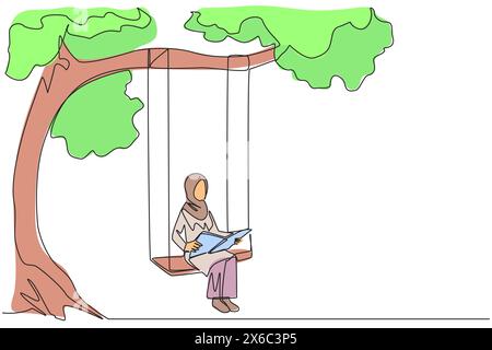 Ligne continue unique dessinant femme arabe assise sur balançoire sous l'arbre ombragé livre de lecture. Grand enthousiasme pour la lecture. Lisez n'importe où. Lecture incre Illustration de Vecteur