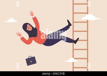 Femme arabe tombant dans l'échelle de carrière. Troubles et problèmes au travail. Crise économique. Investisseurs perdant l'argent concept. Illustration vectorielle à plat Illustration de Vecteur