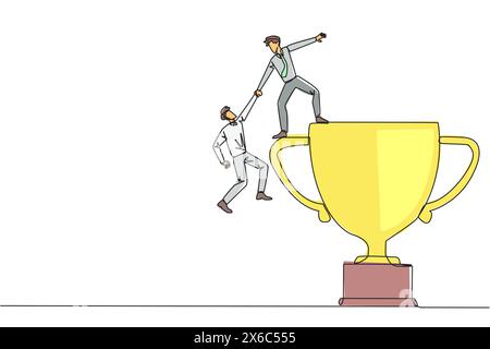 Simple ligne continue dessinant homme d'affaires aide collègue à grimper le grand trophée. Une réussite qui ne peut être atteinte sans un grand travail d'équipe. Intelligent Illustration de Vecteur