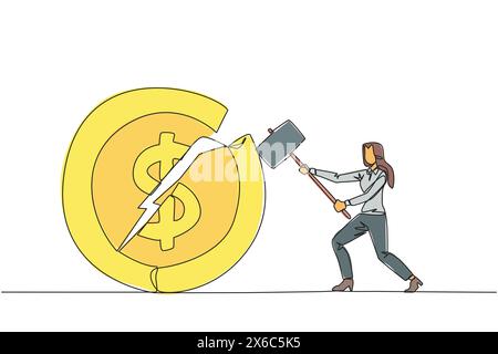 Simple une ligne dessinant femme d'affaires se préparant à frapper une grande pièce de monnaie avec le symbole du dollar. Échec de l'obtention d'un nouvel investisseur. Impossible d'obtenir un revenu. Exprimer un Illustration de Vecteur